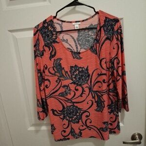 3/$15 Croft & Barrow M Coral Blue Floral Textured‎ 3/4 Sleeve Casual Blouse
